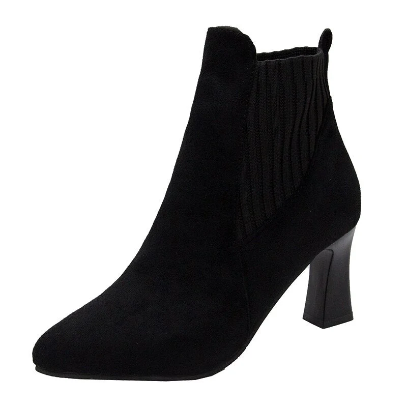 deanwangkt Autumn Winter Women Boots Elastic Ankle Boots Pointed Toe Thick Heel High Heels Shoes Woman Female Plus Fleece Warm Socks Boots - Deanwangkt