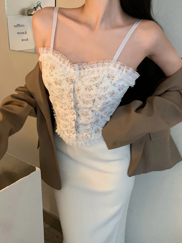 deanwangkt Women Vintage Camisole Summer Floral Chic Korean Girls Single-breasted Pearl Button Lace Crop Top Camisoles For Women Streetwear - Deanwangkt