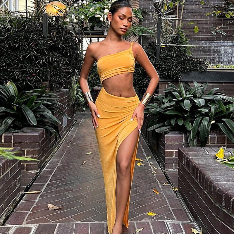 Joskaa Women's Summer Hollow Out Side Bra One Shoulder Backless Irregular Slit Cutout Maxi Party Beach Dress - Deanwangkt