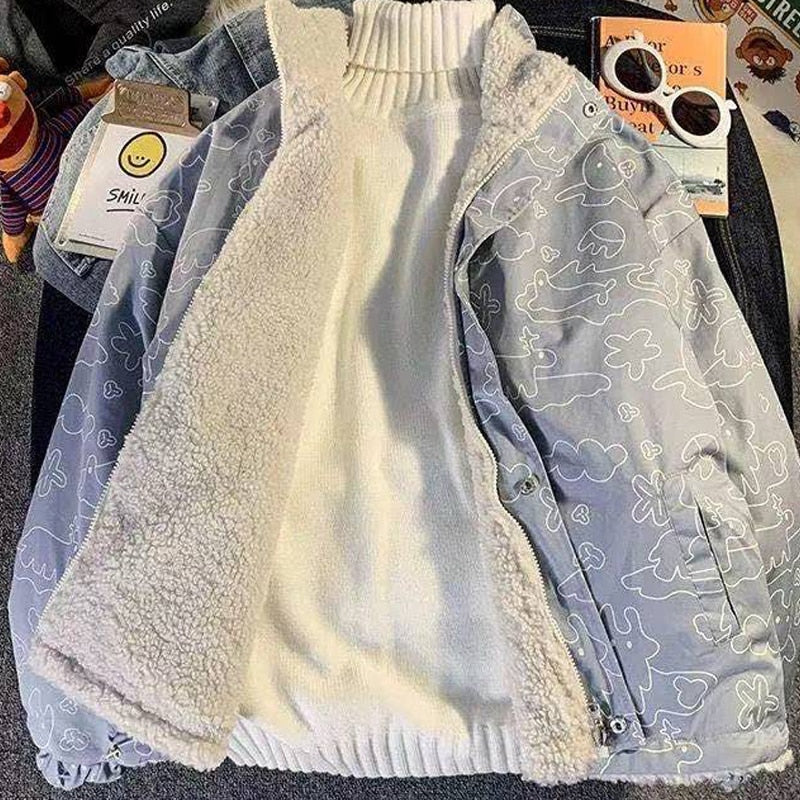 deanwangkt Women Double Sided Jacket Imitation Lambswool Winter Warm Coats Pattern Outerwear Oversized Tops Fashion Reversible Jacket - Deanwangkt