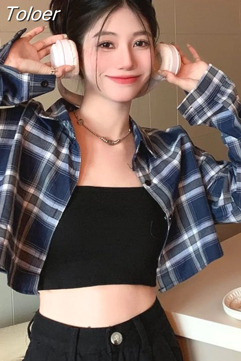 deanwangkt Crop Tops Blouse for Women Korean Casual Plaid Shirts High Waist Long Sleeve Loose Blouses  Blusas Mujer De Moda 27L111 - Deanwangkt