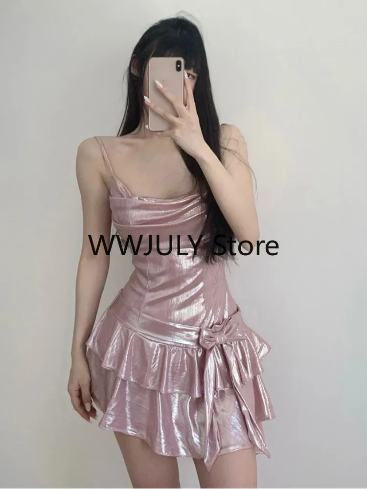 Joskka  Ruffle Y2k Mini Dress Pink Asymmetrical Bodycon Summer Dress Elegant Party Dress for Women Fashion Bow Knot Vestidos - Deanwangkt