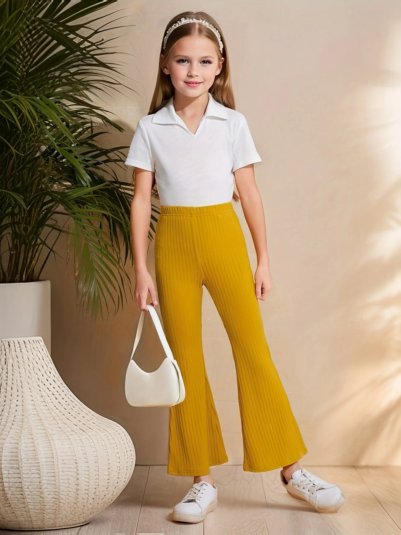 Girls' Elastic High Waist Flare Bell Bottom Ribbed Knit Long Pants. Kids Clothing - Deanwangkt