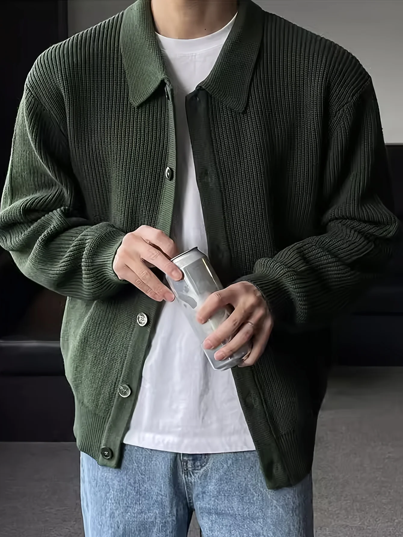 deanwangkt  Men's Stylish Solid Loose Cardigan, Casual Mid Stretch Breathable Long Sleeve Lapel Top For City Walk Street Hanging Outdoor Activities - Deanwangkt