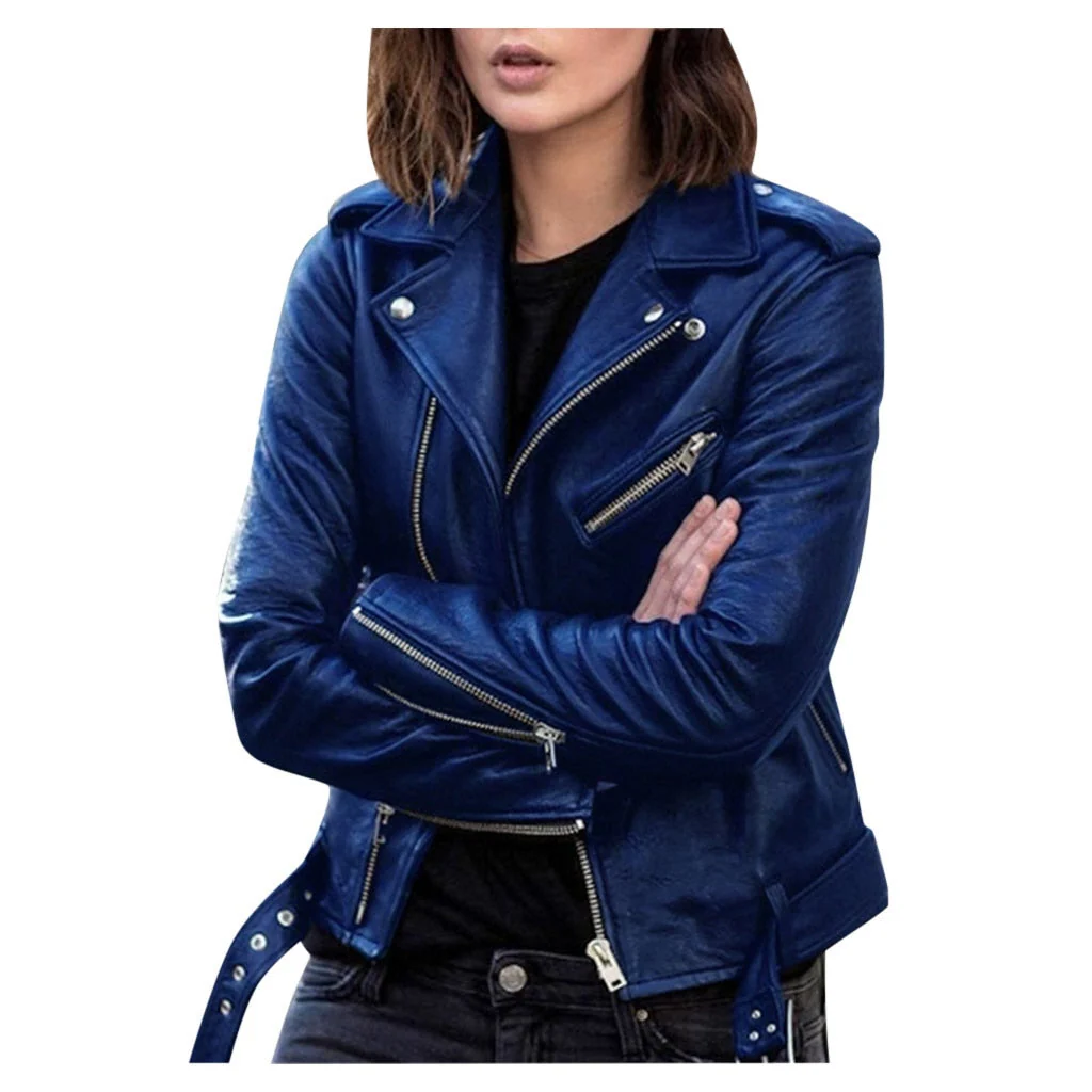 deanwangkt Women Faux Leather Jacket  Fall New Long Sleeve Zipper Fitted Coat Fall Short Jacket Solid Lapel Female Moto Biker Jackets - Deanwangkt