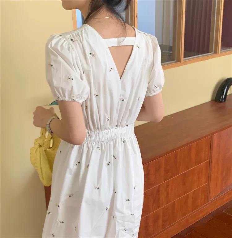 Joskka  New Women Summer Dresses Casual Embroidery Floral Puff Sleeve Buttons High Waist Vintage Back Hollow Out Long Dress - Deanwangkt