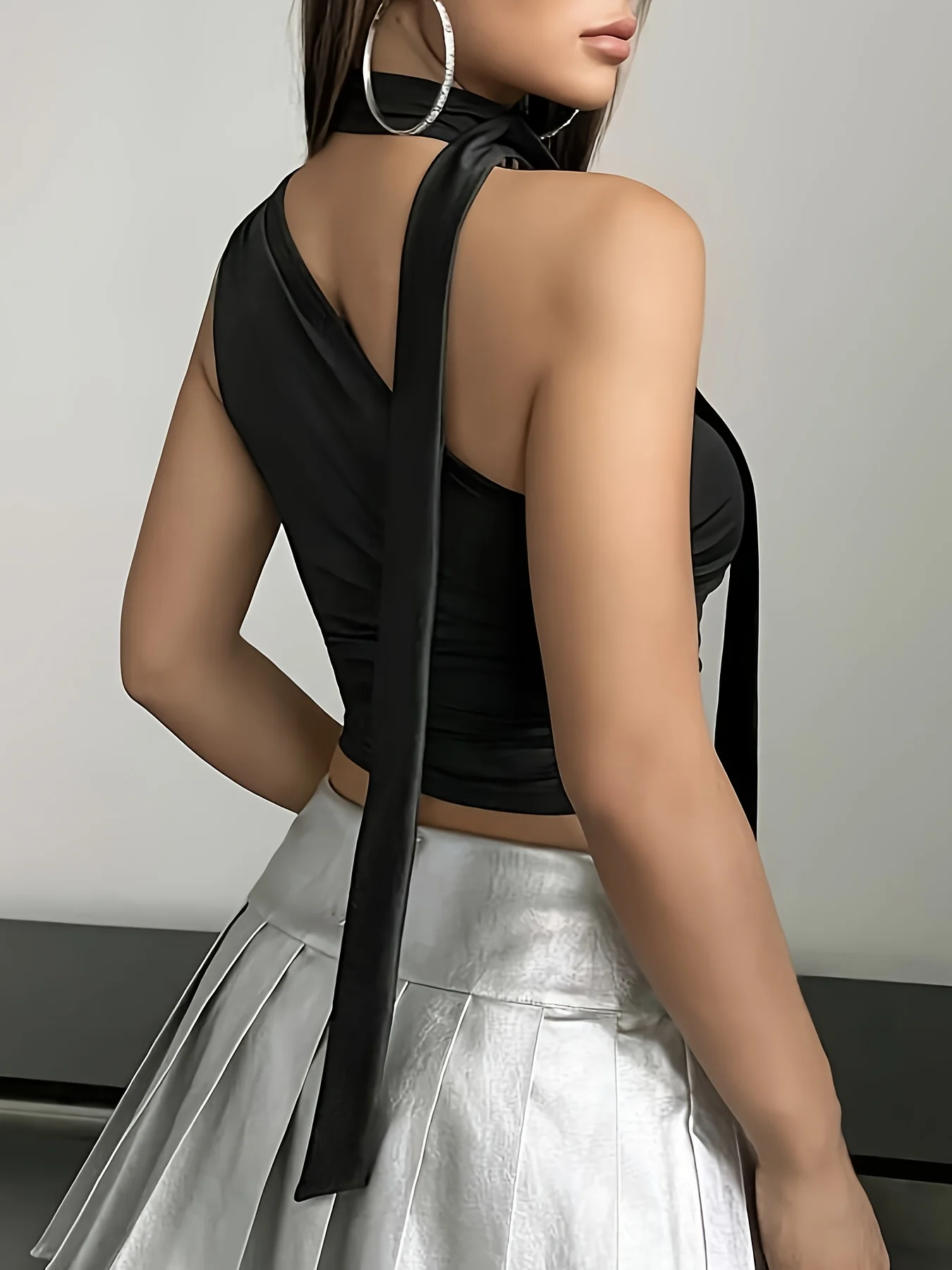 deanwangkt  Solid One Shoulder Ruched Crop T-shirt, Asymmetrical Neck Sleeveless Top, Women's Clothing - Deanwangkt