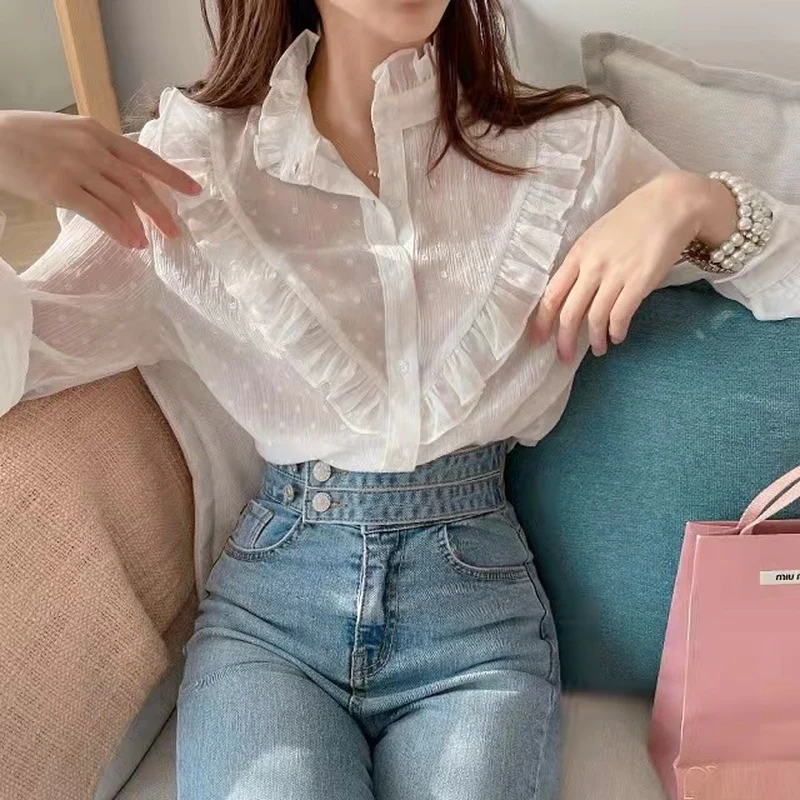 deanwangkt Women Elegant Stand Collar Ruffles Blouse Korean Fashion Simple Chiffon Blouse Polka Dot Long Sleeve Lace Shirt Top 18718 - Deanwangkt