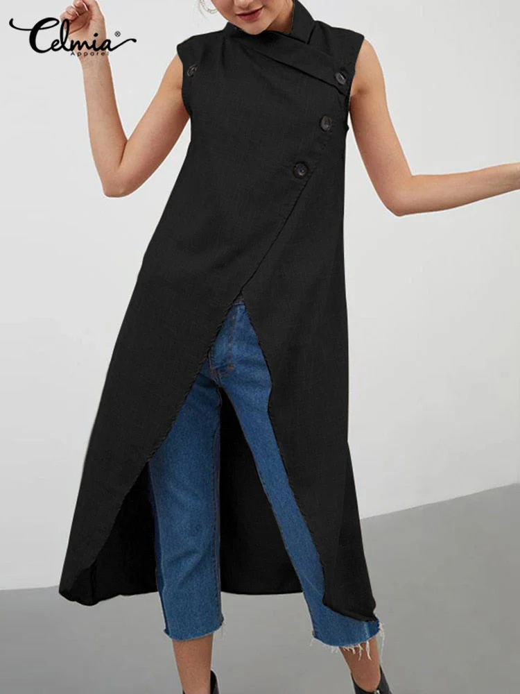 deanwangkt Celmia Women Asymmetrical Blouses  Summer Sleeveless Breathable Thin Tops Casual Chic Split Long Shirts Blusas Femmininas - Deanwangkt