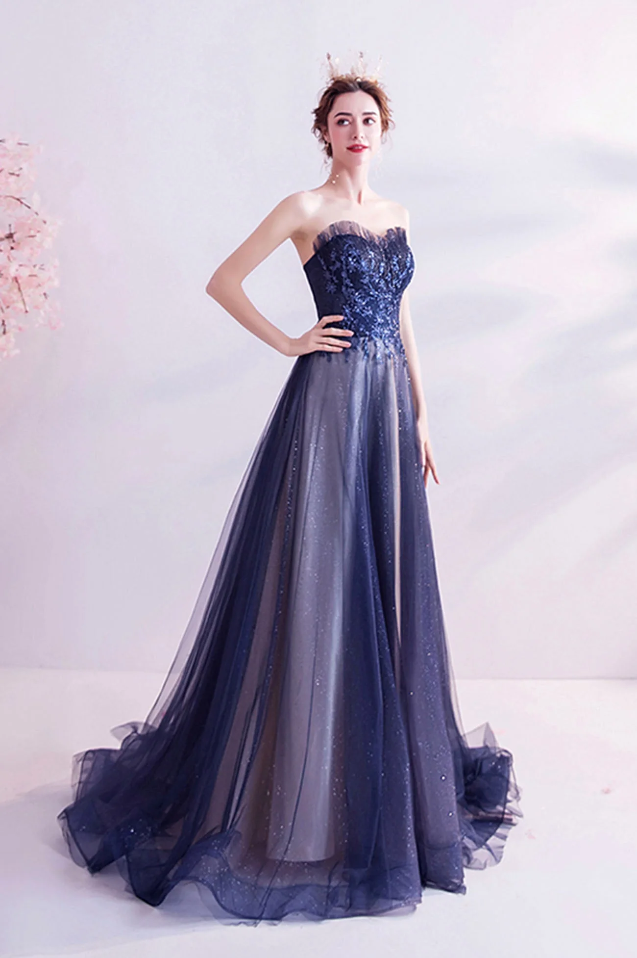 solvbao Blue Strapless Tulle Long Prom Dresses, A-Line Evening Dresses - Deanwangkt