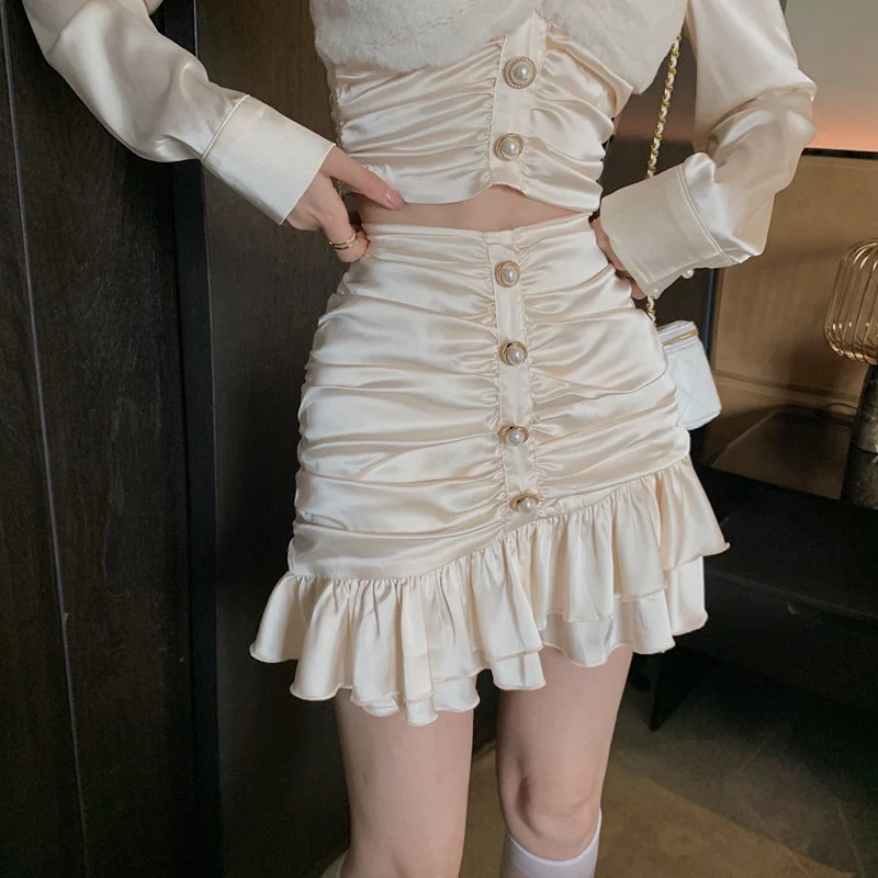 Fall Korean Sweet Two Piece Set Women Sexy Mink Velvet Patchwork Crop Top + Bodycon Skirts Sets Super-Short Shirt 2 Piece Suits  Fairy Dress - Deanwangkt