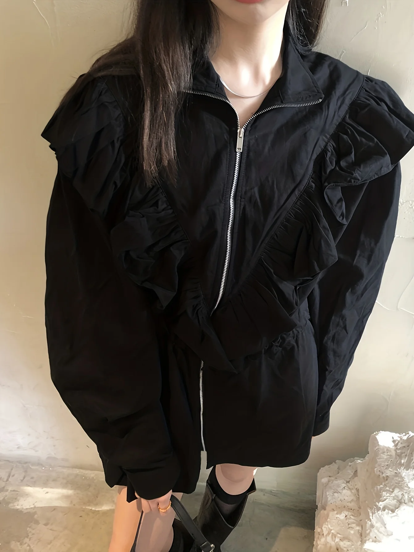 deanwangkt Ruffle Trim Solid Zipper Blouse, Casual Long Sleeve Versatile Blouse, Women's Clothing - Deanwangkt