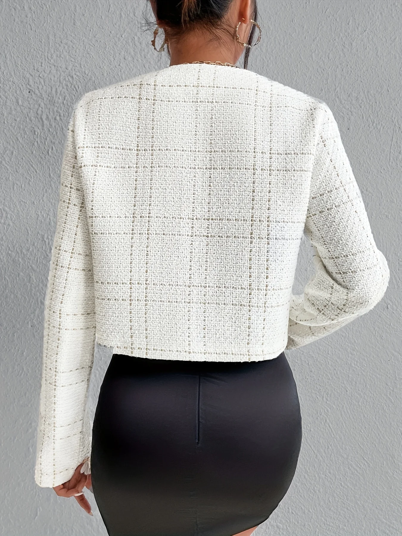 deanwangkt-1 Button Front Plaid Jacket, Elegant Long Sleeve Crew Neck Outerwear, Women's Clothing - Deanwangkt