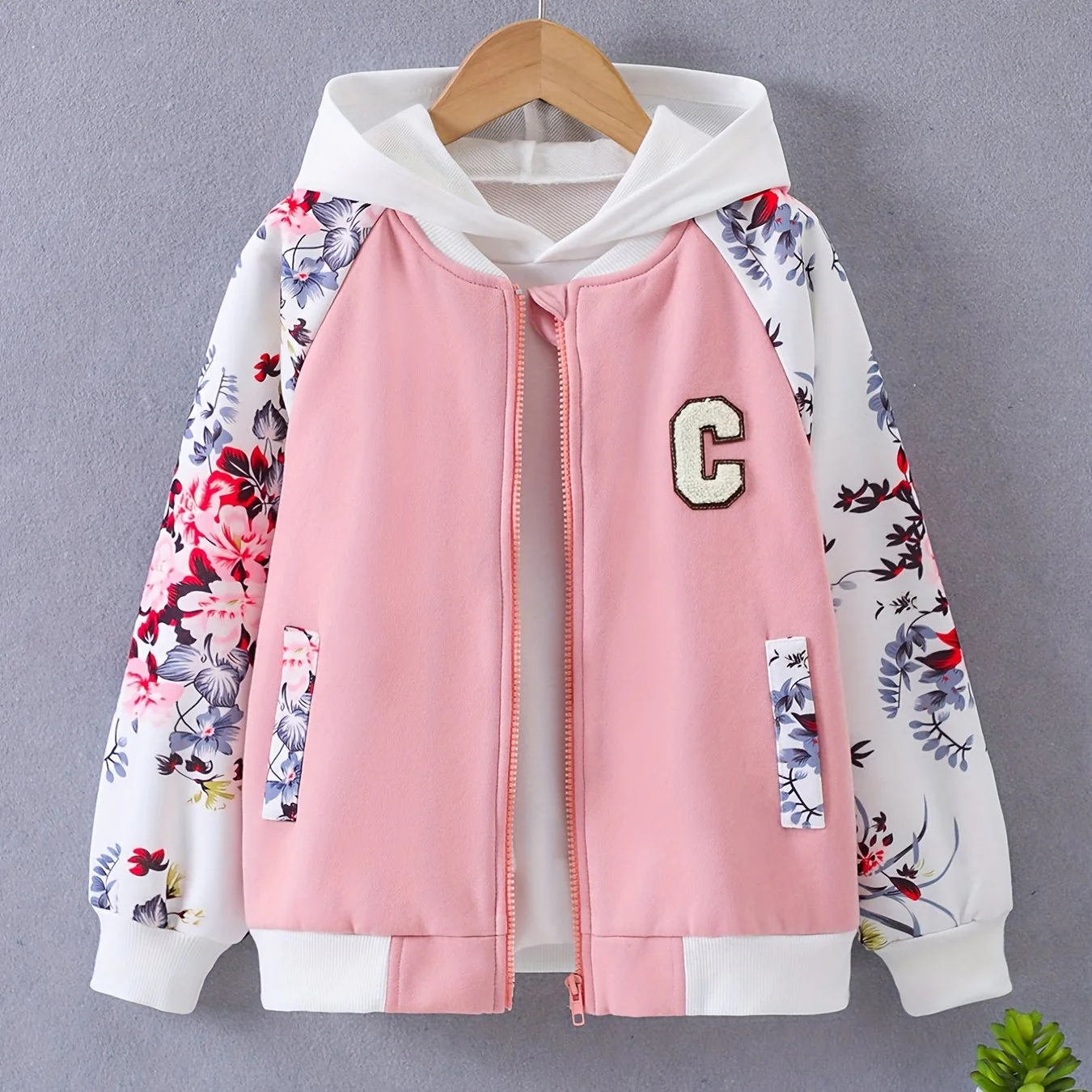 Girls Zip Jacket Floral Print Long Sleeve Fleece Warm Jacket Coat For Kids Teens Autumn And Winter - Deanwangkt