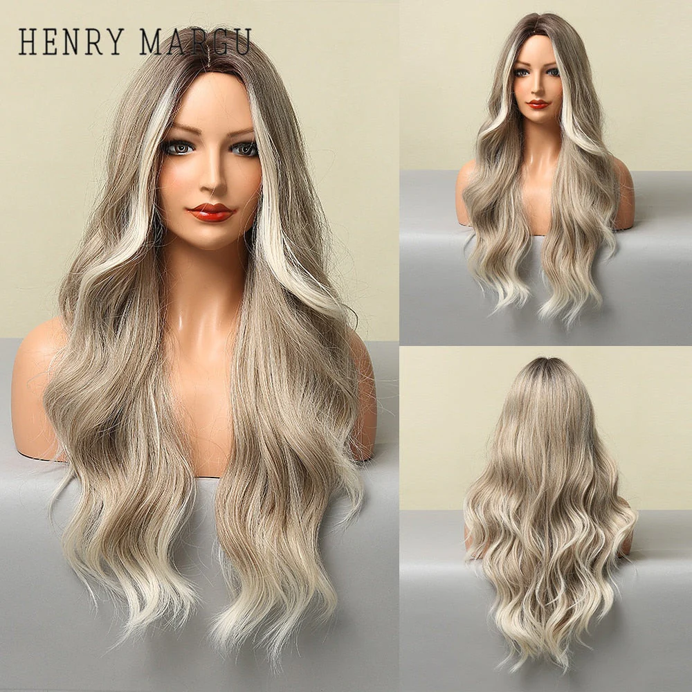 Long Ombre Brown Light Ash Platinum Blonde Wavy Wigs Cosplay Party Synthetic Wig for Women High Temperature Fibre - Deanwangkt