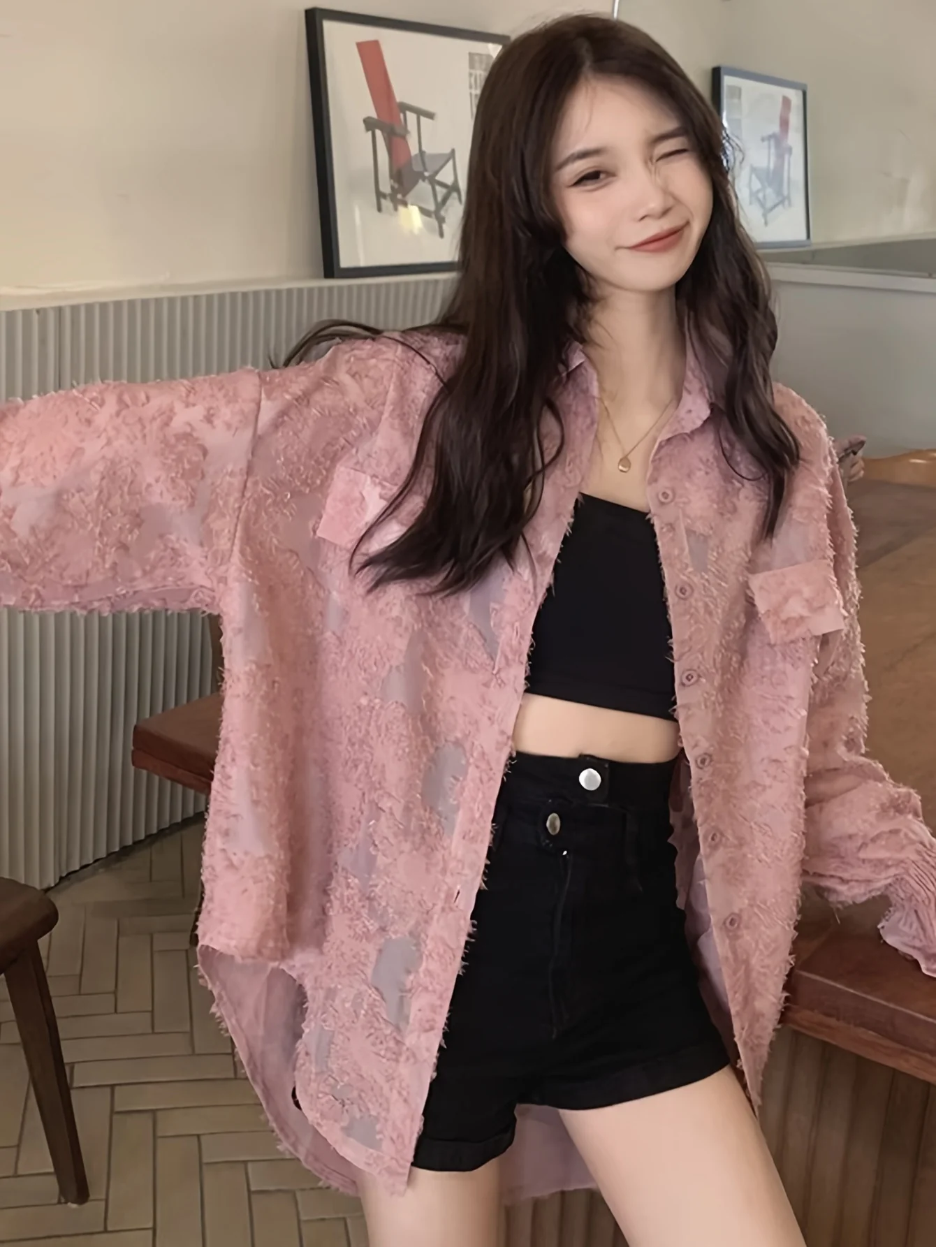 deanwangkt  Button Front Textured Shirt, Casual Long Sleeve Shirt For Spring & Fall, Women's Clothing - Deanwangkt