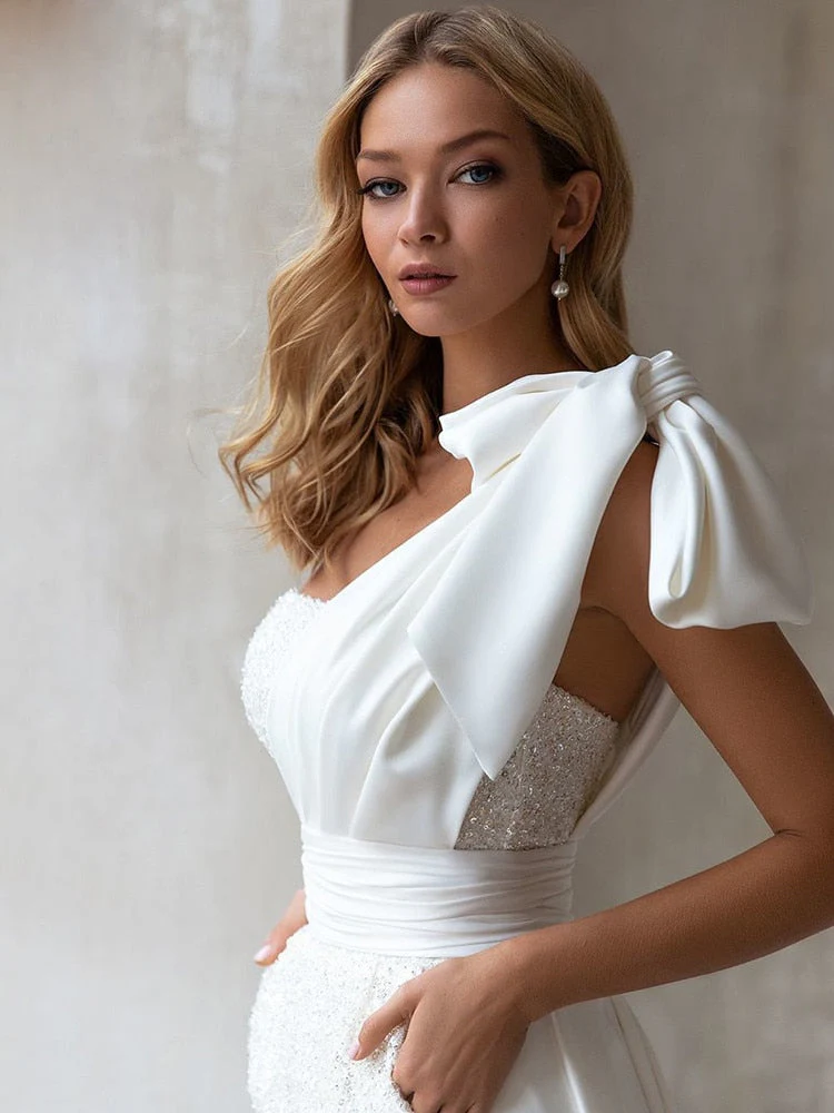 Joskaa Elegant Short Jumpsuit Wedding Dress Stain Long Sweep Train One Bow Shoulder Waisted Backless Bridal Gown - Deanwangkt