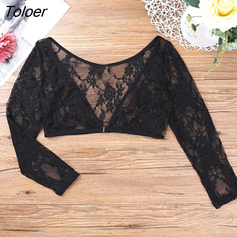 deanwangkt Women Summer Blouses Long Sleeve Top Thin Perspective Shawl Shrug Tops V-Neck Mesh Lace Blouse Female Shirt - Deanwangkt