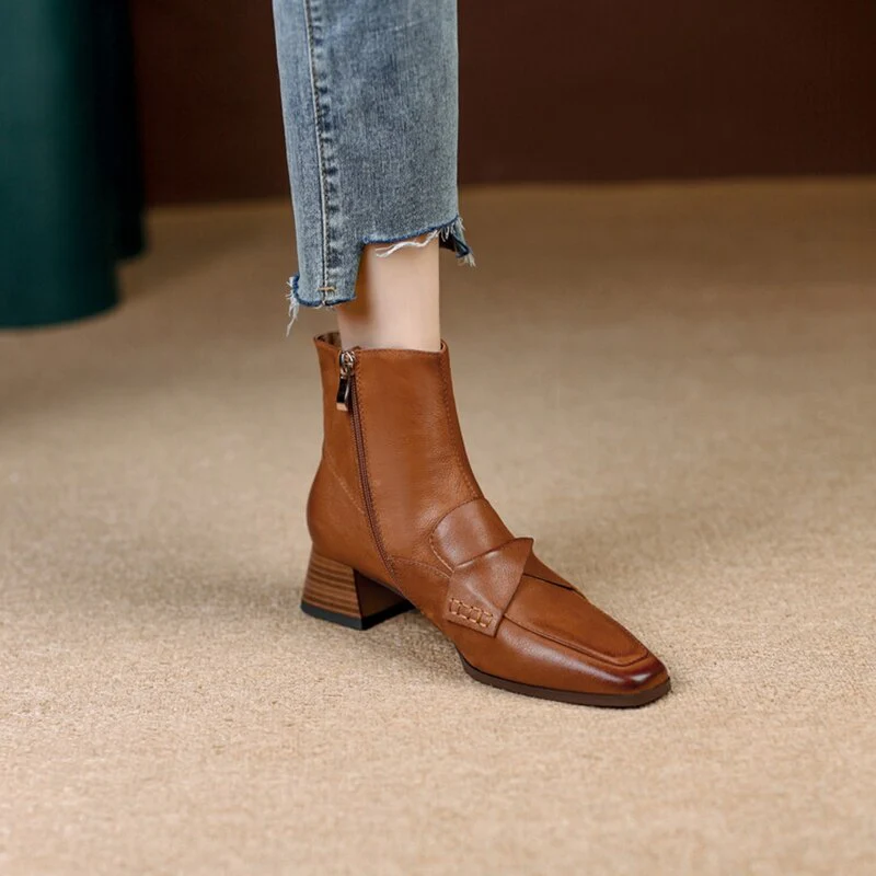 deanwangkt  fashion inspo   NEW Autumn Shoes Women Square Toe High Heels Geunine Leather Boots Chunky Heel Ankle Boots for Women Mature Pleated Modern Boots - Deanwangkt