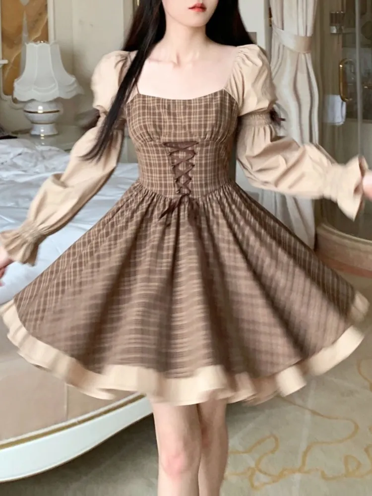 deanwangkt Summer Kawaii Party Lolita Dress Women Causal Long Sleeve Y2k Mini Dress Female Plaid Slim One Piece Dress Korean Chic - Deanwangkt