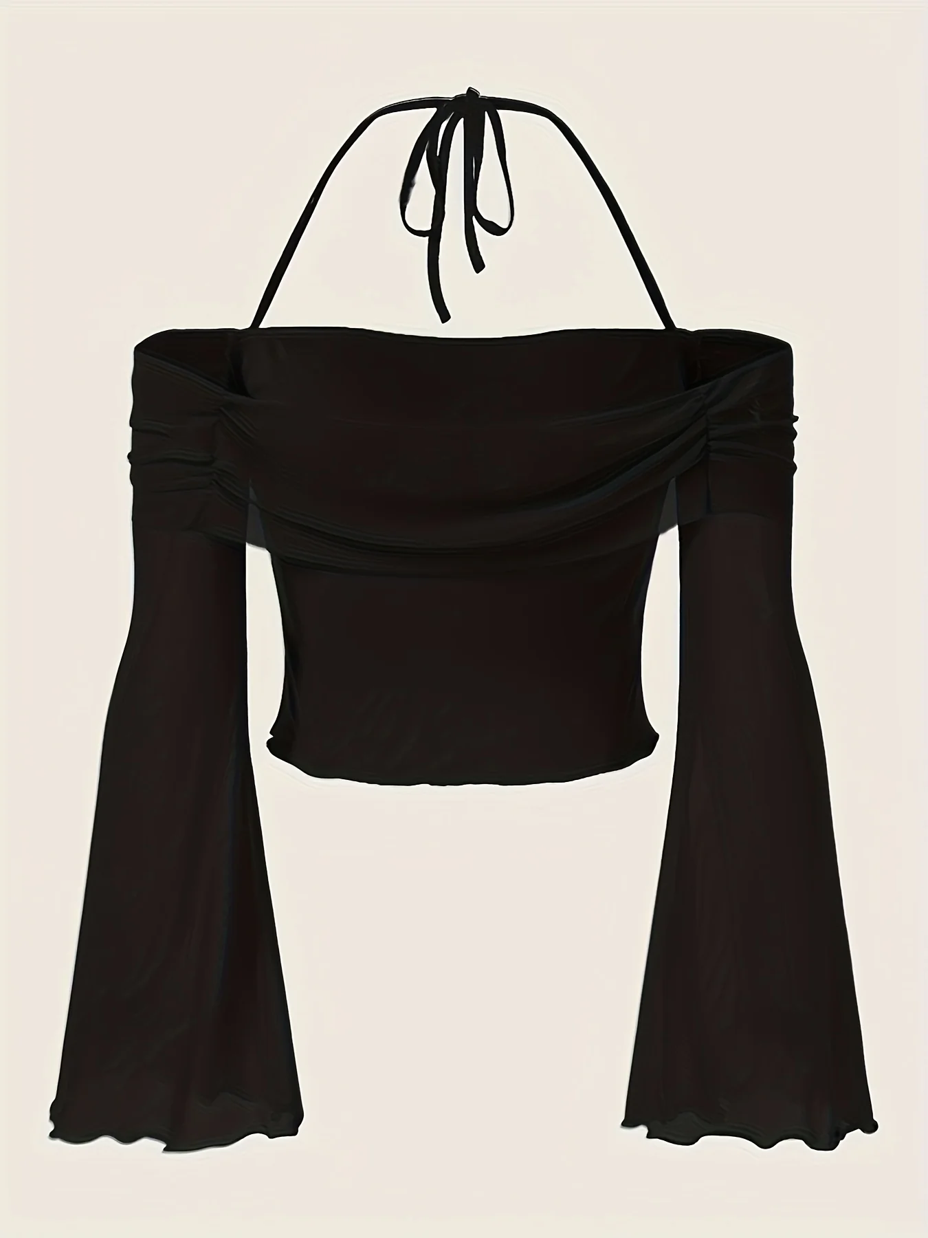 Solid Flared Sleeve Blouse, Casual Halter Neck Ruched Blouse, Women's Clothing - Deanwangkt