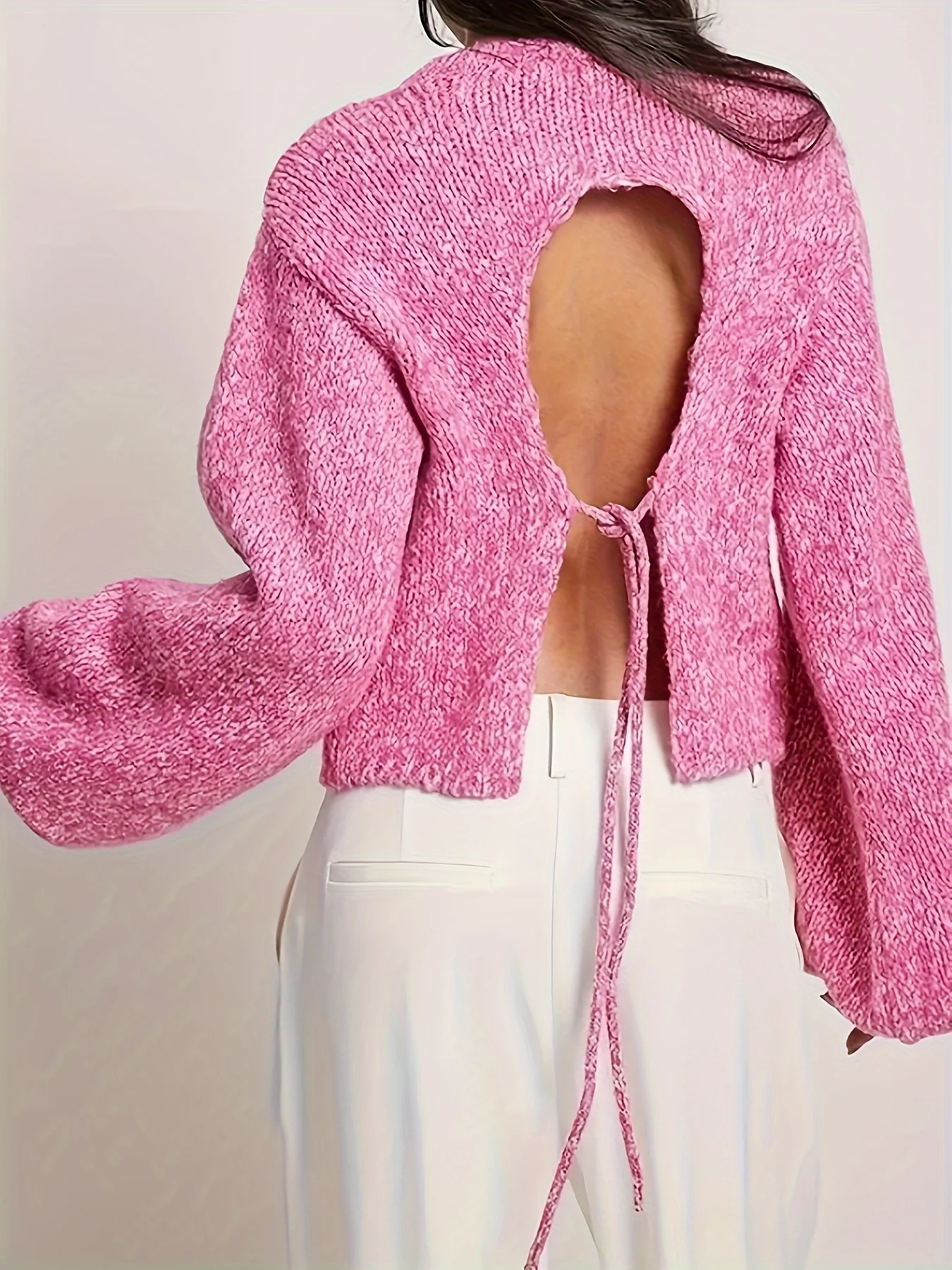 deanwangkt  Solid Color Crew Neck Pullover Sweater, Casual Tie Back Long Sleeve Knitted Sweater For Fall & Spring, Women's Clothing - Deanwangkt