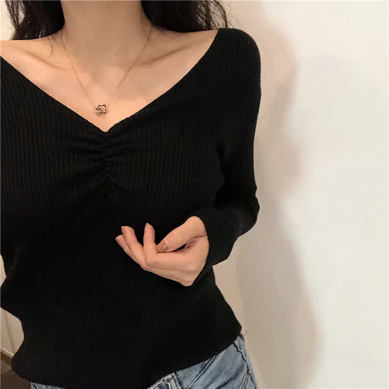 deanwangkt  Sexy V Neck Women Sweater Autumn Knitted Pullover Jumper Chic Soft Korean Slim Long Sleeve Female Basic Top New - Deanwangkt