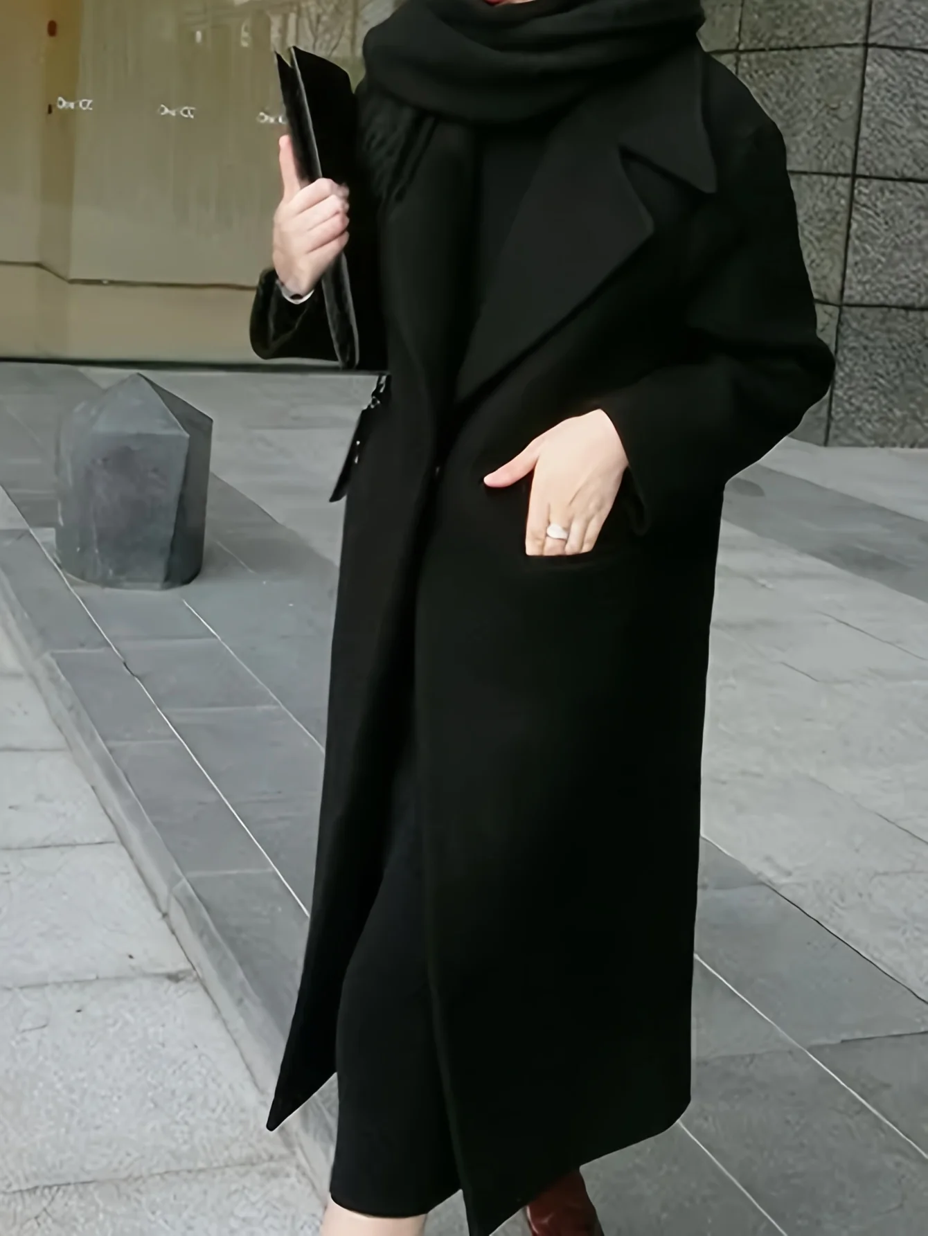 Solid Lapel Mid Length Overcoat, Elegant Long Sleeve Winter Outerwear, Women's Clothing - Deanwangkt