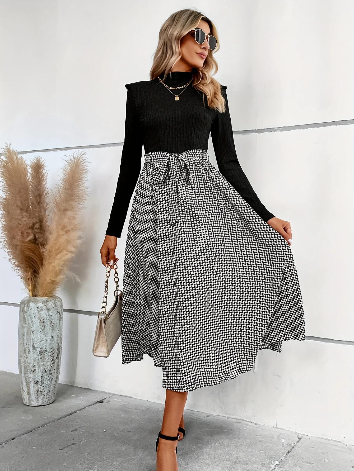 Houndstooth Print Splicing Dress, Elegant Mock Neck Long Sleeve Dress, Women's Clothing - Deanwangkt