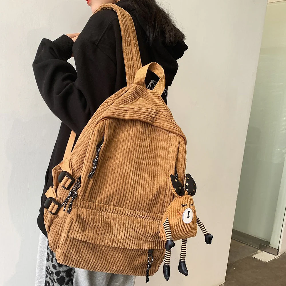 deanwangkt Women Corduroy Backpack Khaki SchoolBag Cute Teenage Girls Harajuku Female Bag Student Kawaii Lady Book Pack New Fashion Mochila - Deanwangkt