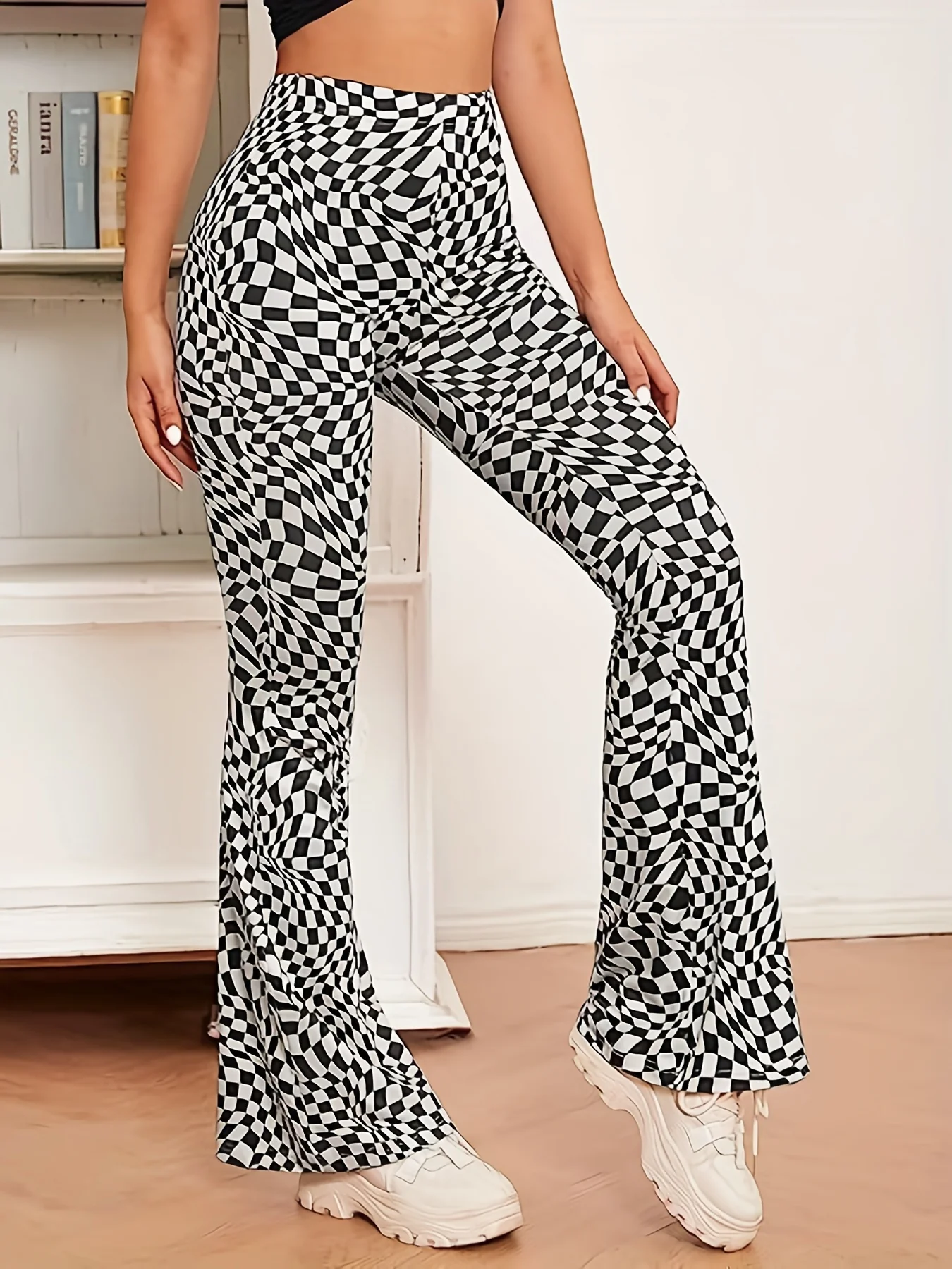 deanwangkt-1  Allover Print Flare Leg Pants, Casual High Waist Slim Pants For Spring & Fall, Women's Clothing - Deanwangkt