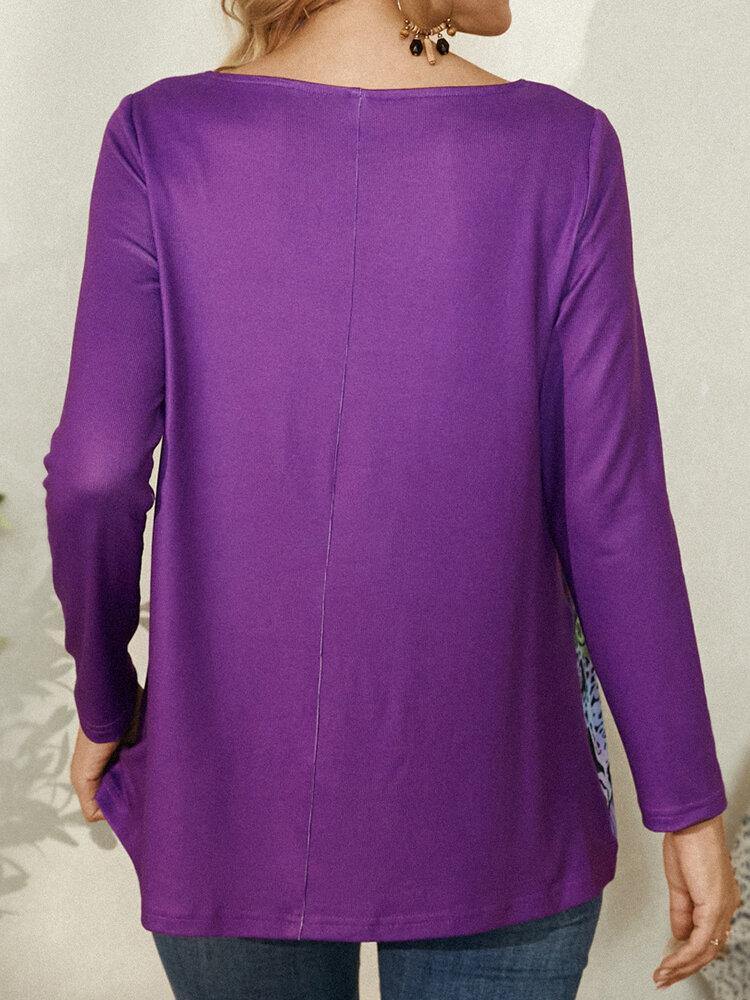 deanwangkt Women Abstract Print Asymmetrical Collar Long Sleeve Ethnic Style Blouse - Deanwangkt