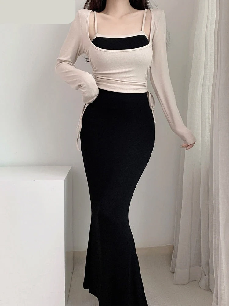 deanwangkt Sexy Slim Bodycon Dress Korean Style 2 Piece Sets Long Sleeve Drawstring Crop Top Maxi Dresses For Women Autumn - Deanwangkt