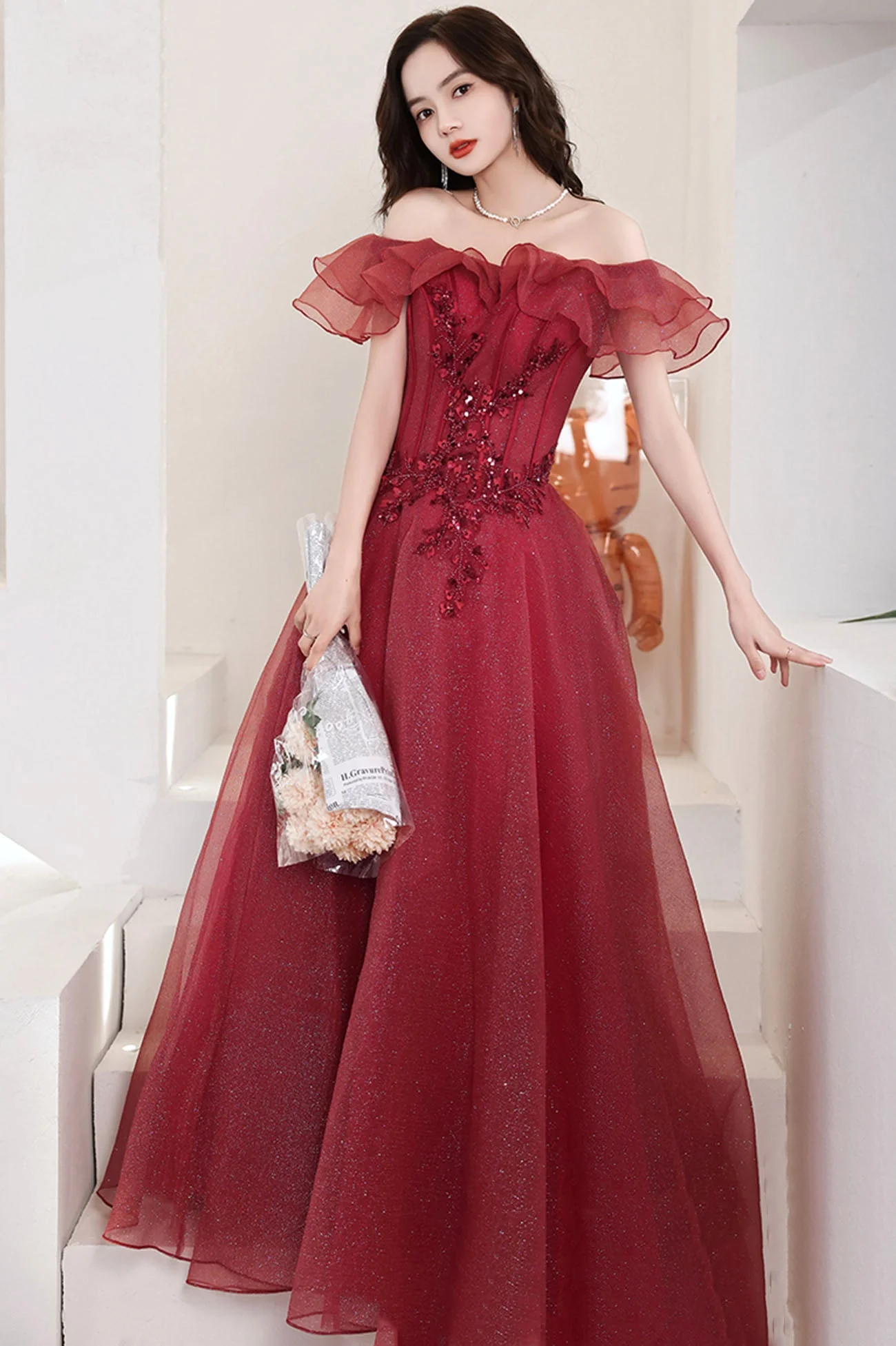solvbao Burgundy Off the Shoulder Tulle Long Formal Dresses, A-Line Evening Dresses - Deanwangkt
