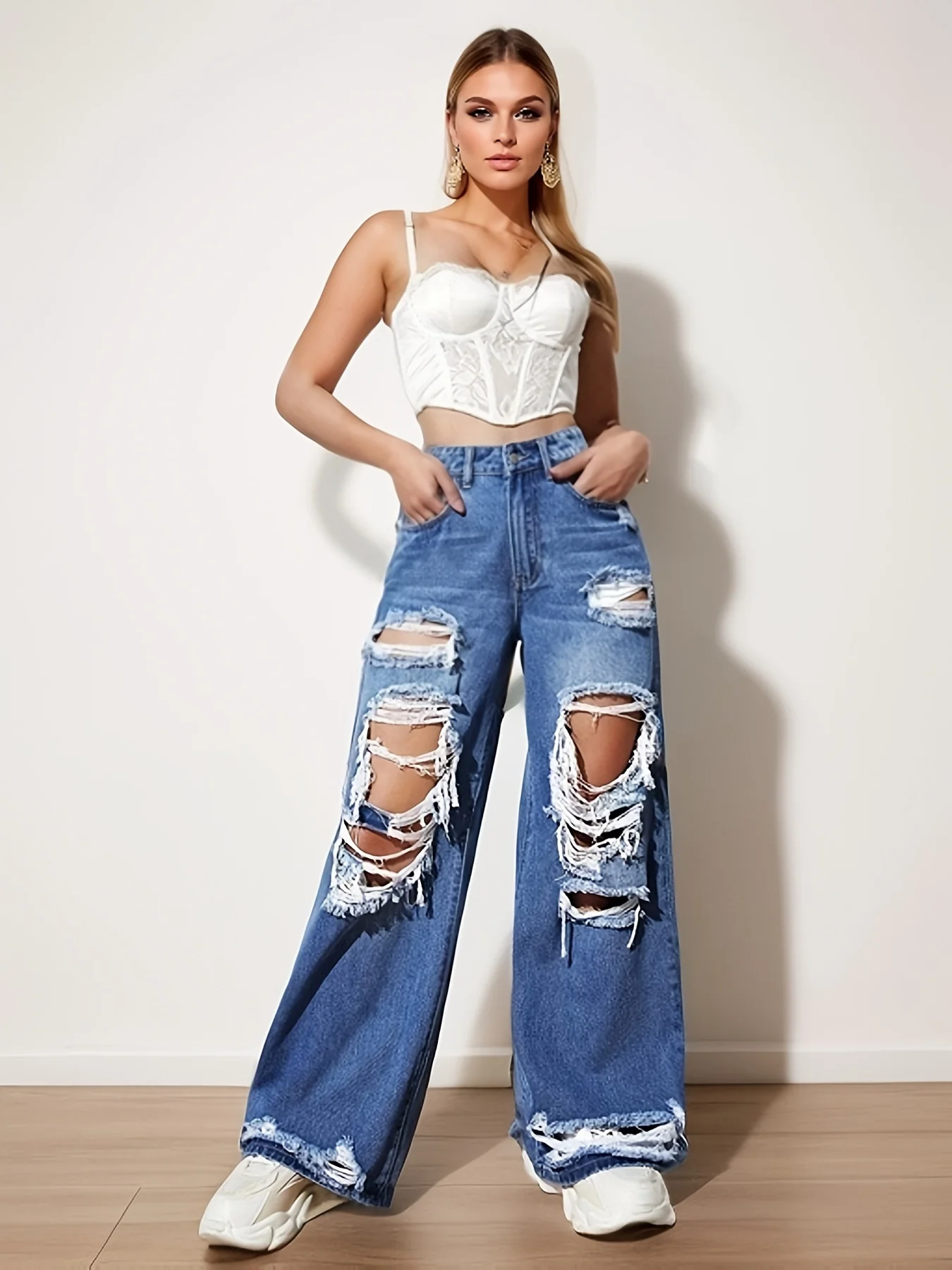 Ripped Straight Leg Loose Fit Jeans, High Rise Wide Legs Distressed Denim Pants, Women's Denim Jeans & Clothing - Deanwangkt
