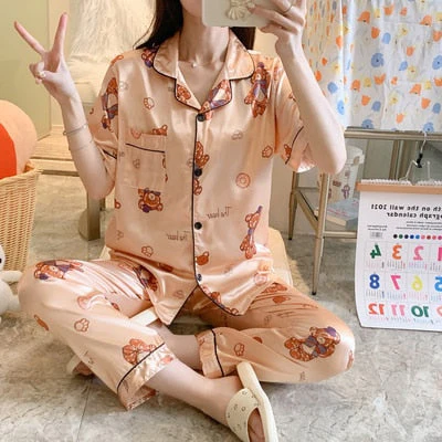 Newest Silk Pajamas for Women Sweet Leopard Pyjamas Woman Elegant Short Sleeve Long Pant Homewear Ladies Sleepwear Sets - Deanwangkt