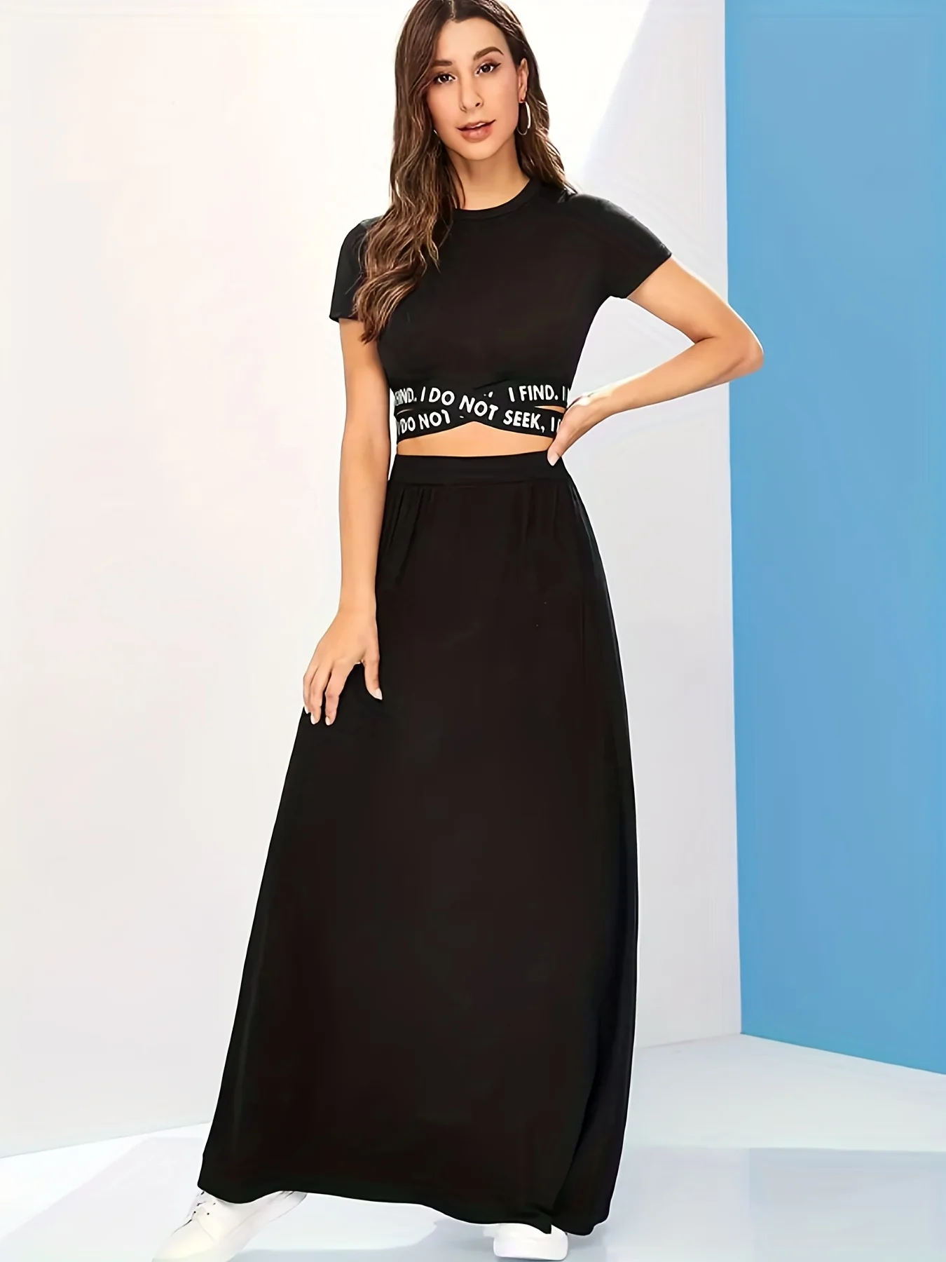 Solid Ruffle Hem Maxi Skirt, Casual High Waist Loose Skirt With Pocket, Women's Clothing - Deanwangkt