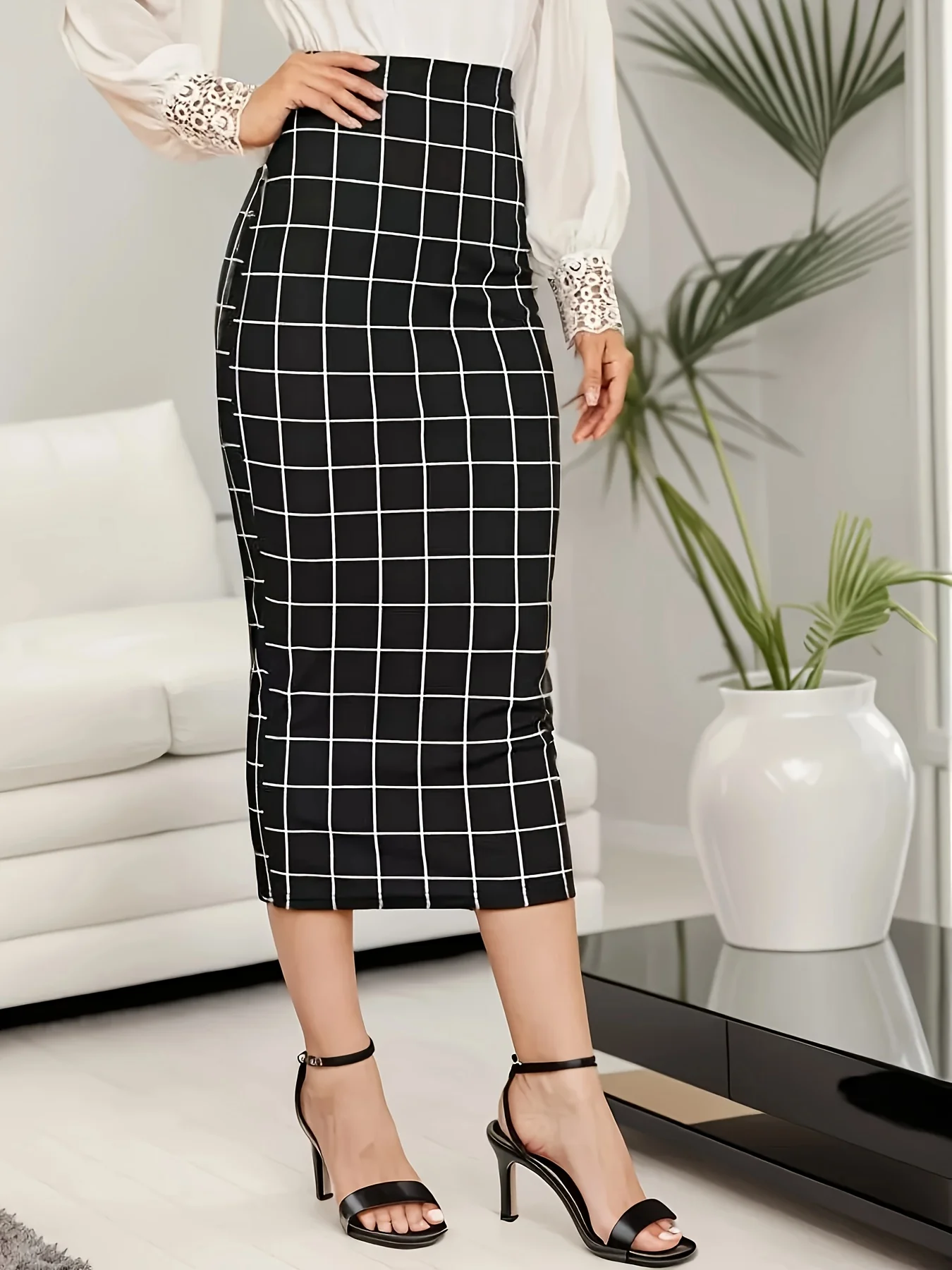 deanwangkt-1 Plaid Print High Waist Bodycon Skirt, Casual Midi Skirt For Spring & Summer, Women's Clothing - Deanwangkt