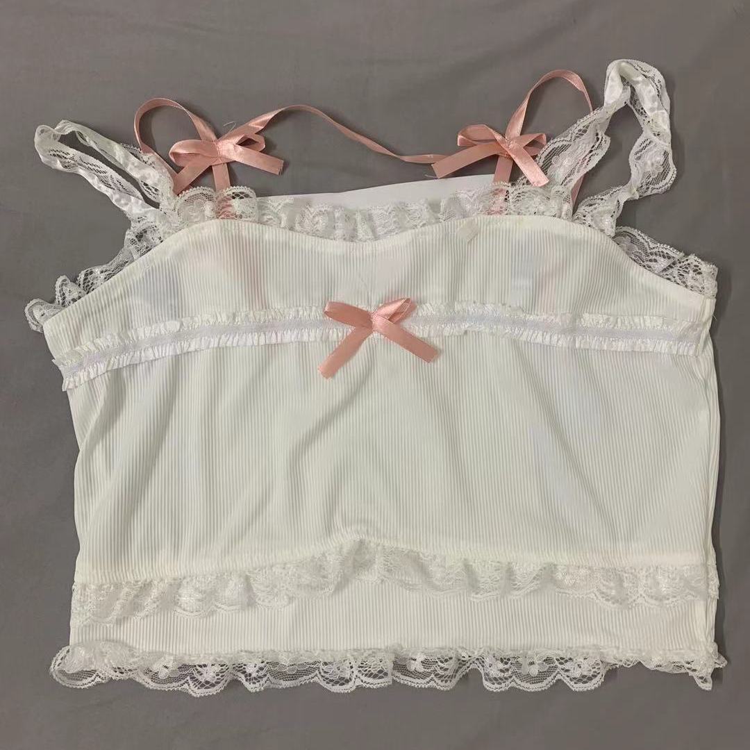 Pink Japanese Kawaii Lolita Crop Top Women White Korean College Style Sweet Tank Top Bow Lace France Princess Vset Female - Deanwangkt