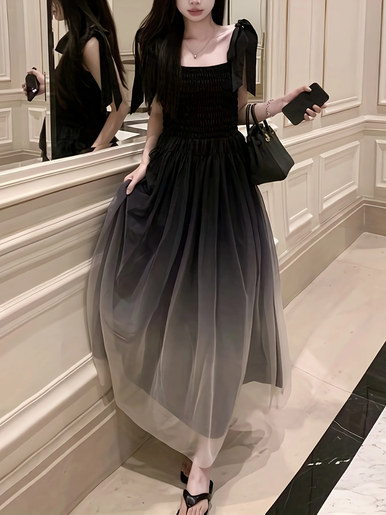 deanwangkt  Gradient Color Square Neck Dress, Elegant Sleeveless Ruffle Hem Aline Dress For Spring & Summer, Women's Clothing - Deanwangkt