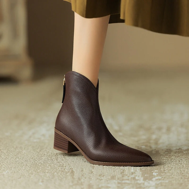 deanwangkt Autumn Shoes    NEW Autumn Boots Women Split Leather Shoes for Women Pointed Toe Chunky Heel Shoes Retro Zipper Short Boots Apricot Ankle Boots - Deanwangkt