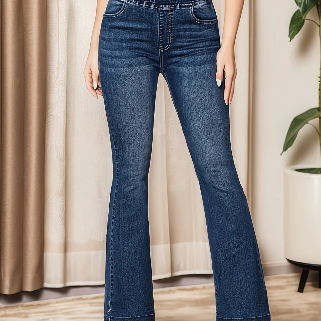Elastic Waist Washed Bootcut Jeans, High Stretch High Waist Casual Denim Pants, Women's Denim Jeans & Clothing - Deanwangkt