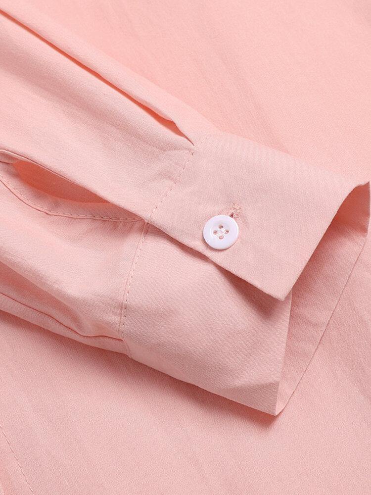 deanwangkt Women Flowers Embroidery Plain Lapel Long Sleeve Side Split Casual Blouse - Deanwangkt