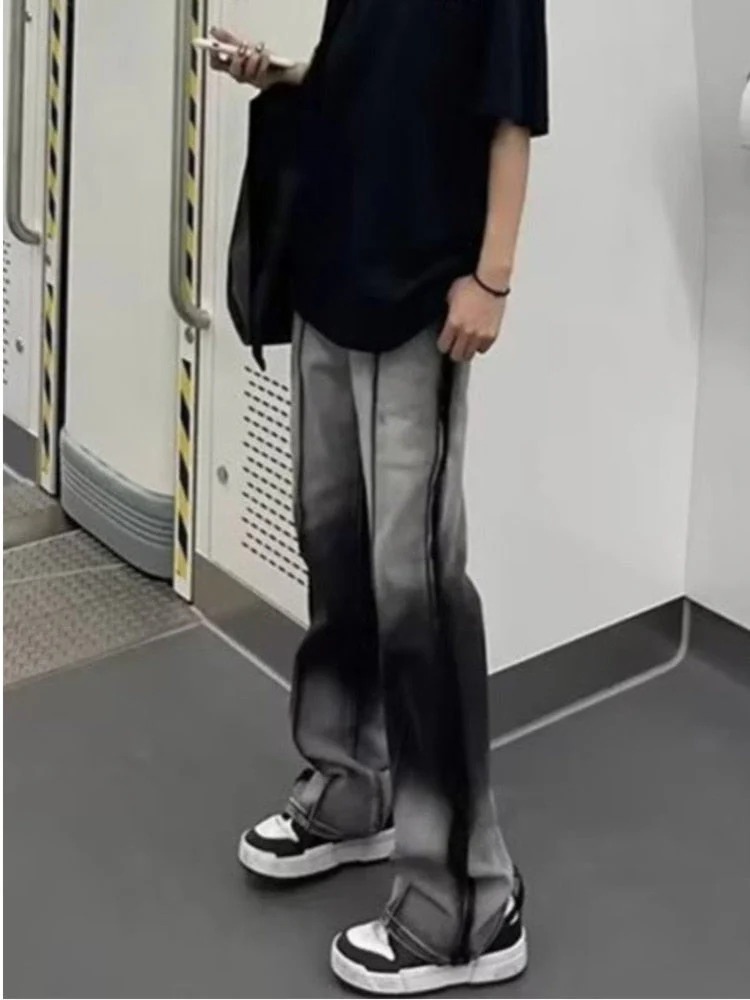 deanwangkt Spliced Jeans With Old Zippers, High Street Insets, Trendy Gradient Straight Tube Loose Wide Leg Pants, Children's Jeans - Deanwangkt