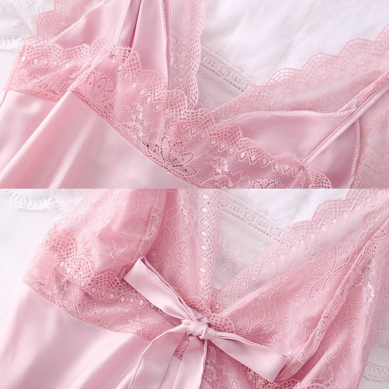 deanwangkt Brand New Chinese Women Robe Satin Nightgown Sexy Nightshirt Sleepwear Lace Bath Gown Summer Casual Home Night Dress Nighty - Deanwangkt
