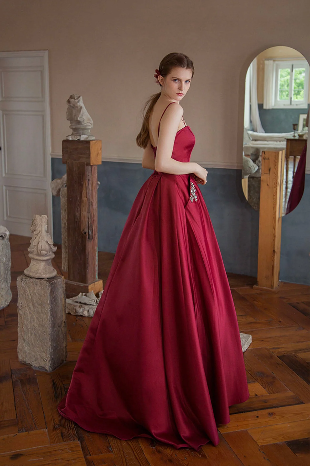 solvbao Burgundy Satin Long Strapless Prom Dresses with Pockets - Deanwangkt