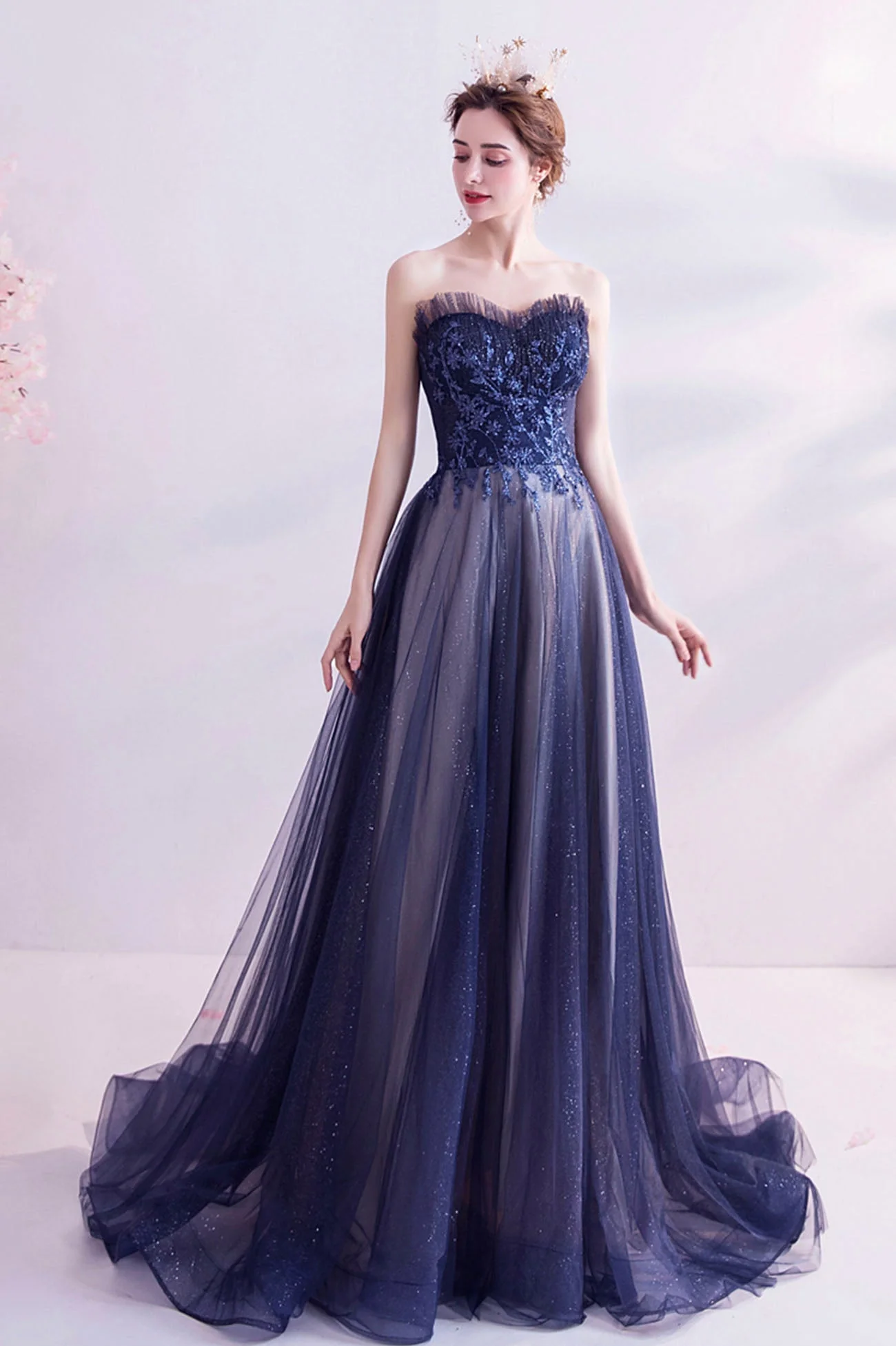 solvbao Blue Strapless Tulle Long Prom Dresses, A-Line Evening Dresses - Deanwangkt