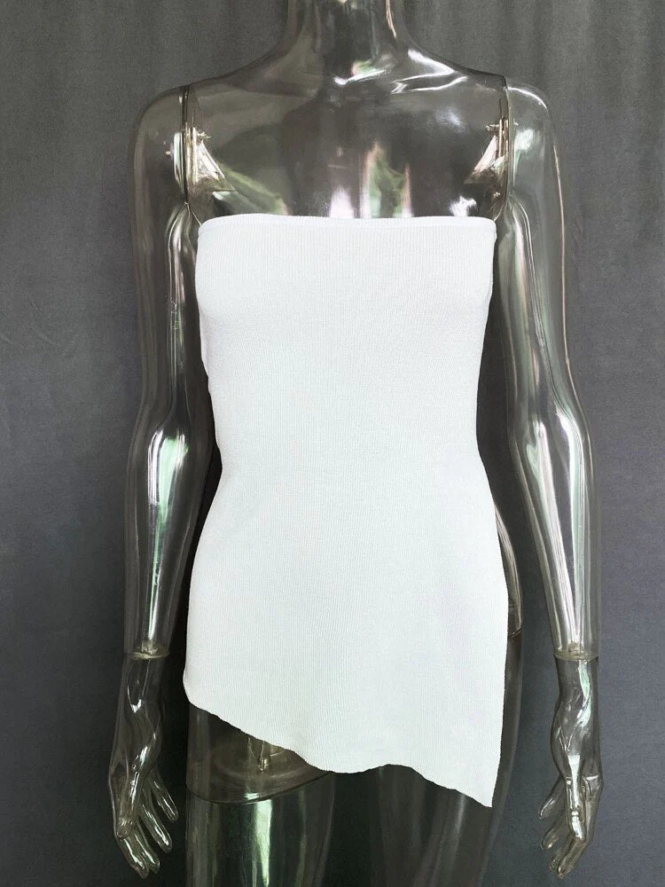 deanwangkt Women Strapless Tops Summer Fashion Irregular Split Slim Tube Top Y2K Sexy Backless Knit Crop Top Vacation Outfit Streetwear - Deanwangkt