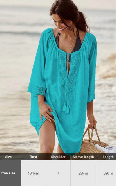 Sexy New Shirt Beach Up White Beach Dress Loose Blouse Tunic Pocket Long Sleeve Swimsuit Cover Up Casual Beachwear - Deanwangkt