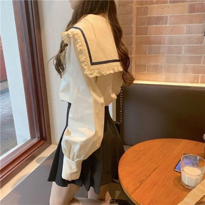 deanwangkt Shirts Womens Spring Autumn Elegant Ruffles Sailor Collar Casual Blouses Ladies Kawaii Korean Style Harajuku Female Tops Trendy - Deanwangkt